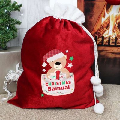 (image for) Personalised Pocket Teddy My 1st Christmas Pom Pom Sack