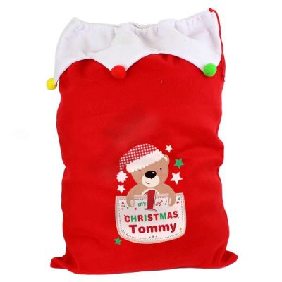 (image for) Personalised Pocket Teddy My 1st Christmas Pom Pom Sack