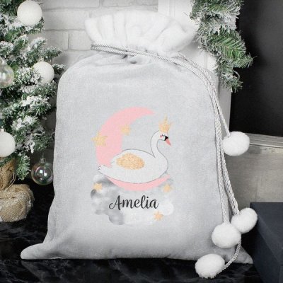 (image for) Personalised Swan Lake Luxury Silver Grey Pom Pom Sack