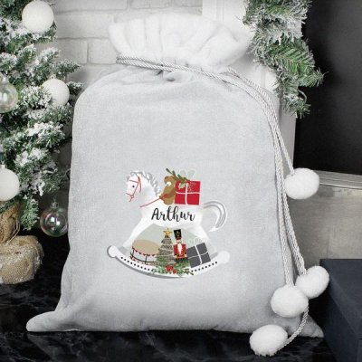 (image for) Personalised Rocking Horse Luxury Silver Grey Pom Pom Sack