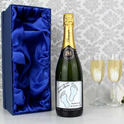 (image for) Personalised Baby Footprint Blue Champagne with Gift Box