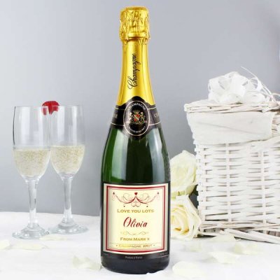 (image for) Personalised Red Swirl Champagne Label with Gift Box