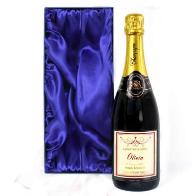 (image for) Personalised Red Swirl Champagne Label with Gift Box