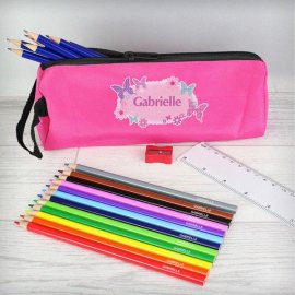 (image for) Pink Butterfly Pencil Case with Personalised Pencils & Crayons