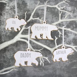 (image for) Personalised Set of Four Polar Bear Family Wooden Hanging Decorations