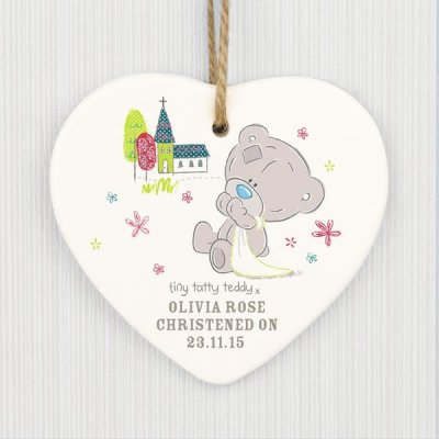 Personalised Tiny Tatty Teddy Christening Ceramic Heart Decoration (image for) Personalised Tiny Tatty Teddy Christening Ceramic Heart Decoration