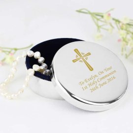 (image for) Personalised Gold Cross Rosary Bead Trinket Box