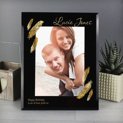 (image for) Personalised Golden Feather 5x7 Black Glass Photo Frame