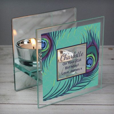 (image for) Personalised Peacock Mirrored Glass Tea Light Candle Holder