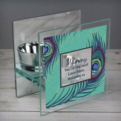 (image for) Personalised Peacock Mirrored Glass Tea Light Candle Holder