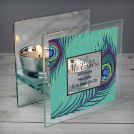 (image for) Personalised Peacock Mirrored Glass Tea Light Candle Holder