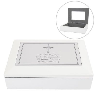 (image for) Personalised Silver Cross White Wooden Keepsake Box