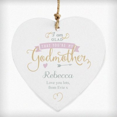 (image for) Personalised I Am Glad... Godmother Wooden Heart Decoration