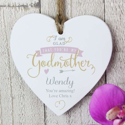 (image for) Personalised I Am Glad... Godmother Wooden Heart Decoration