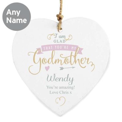 (image for) Personalised I Am Glad... Godmother Wooden Heart Decoration