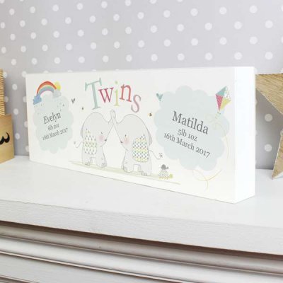 Personalised Hessian Elephant Twins Mantel Block (image for) Personalised Hessian Elephant Twins Mantel Block