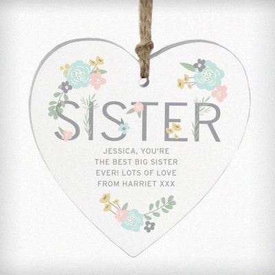 (image for) Personalised Sister Floral Wooden Heart Decoration