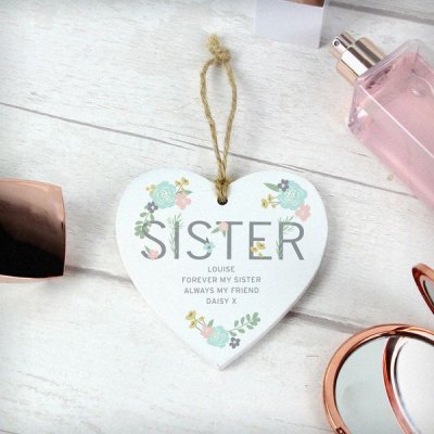 (image for) Personalised Sister Floral Wooden Heart Decoration