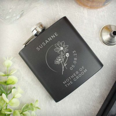 (image for) Personalised Monochrome Floral Wedding Party Black Hip Flask