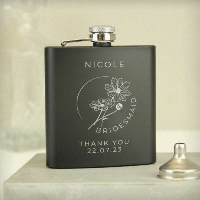 (image for) Personalised Monochrome Floral Wedding Party Black Hip Flask