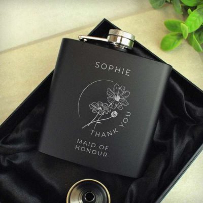 (image for) Personalised Monochrome Floral Wedding Party Black Hip Flask