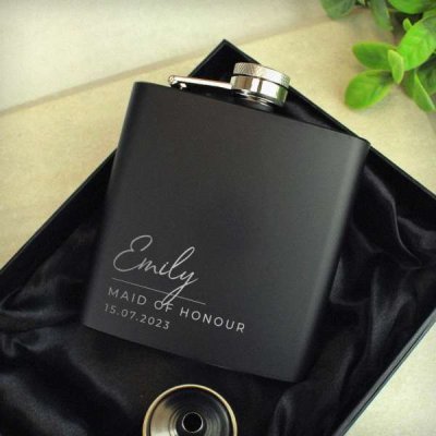 (image for) Personalised Free Text Wedding Party Black Hip Flask