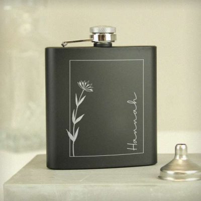 (image for) Personalised Monochrome Floral Name Wedding Party Black Hip Flask