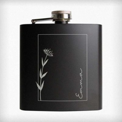 (image for) Personalised Monochrome Floral Name Wedding Party Black Hip Flask