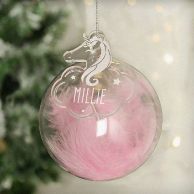 (image for) Personalised Pink Feather Glass Bauble With Unicorn Tag