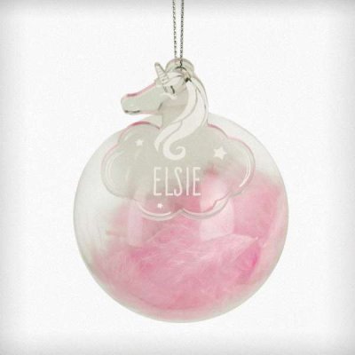 (image for) Personalised Pink Feather Glass Bauble With Unicorn Tag