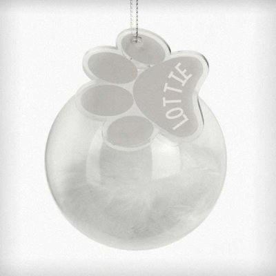 (image for) Personalised Pets White Feather Glass Bauble With Paw Print Tag