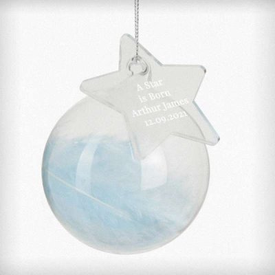 (image for) Personalised Free Text Blue Feather Glass Bauble With Star Tag