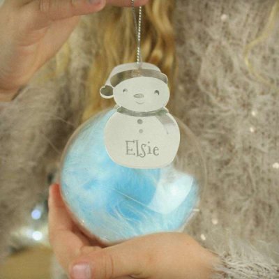 (image for) Personalised Snowman Acrylic Blue Feather Bauble