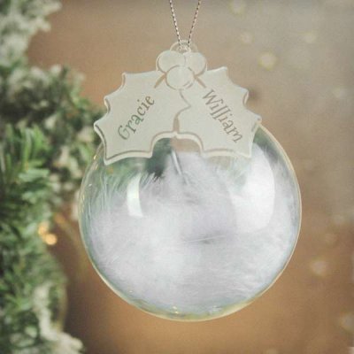 (image for) Personalised Holly Acrylic White Feather Bauble