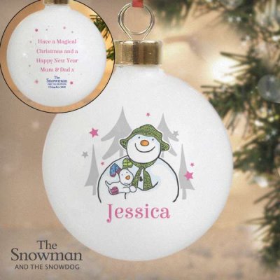 (image for) Personalised The Snowman and the Snowdog Pink Bauble