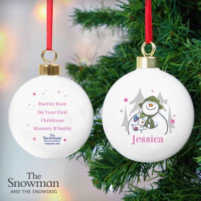 (image for) Personalised The Snowman and the Snowdog Pink Bauble