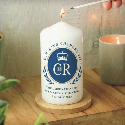 (image for) Personalised King Charles III Blue Crest Coronation Commemorative Pillar Candle