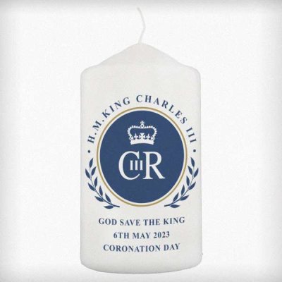 (image for) Personalised King Charles III Blue Crest Coronation Commemorative Pillar Candle