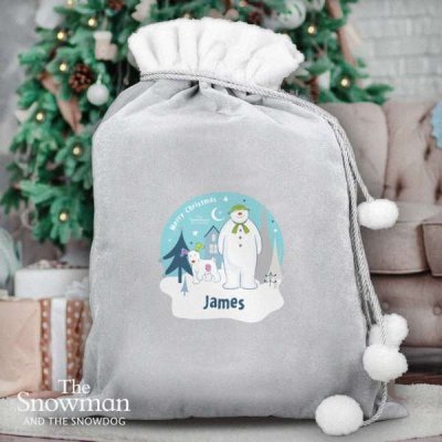 (image for) Personalised The Snowman and the Snowdog Luxury Silver Grey Pom Pom Sack