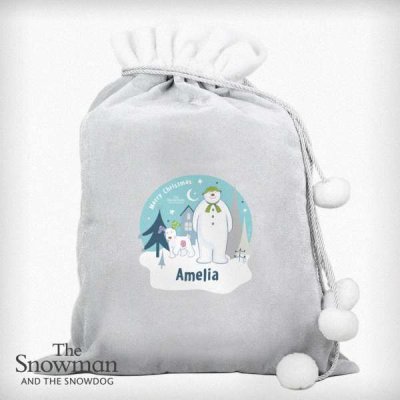 (image for) Personalised The Snowman and the Snowdog Luxury Silver Grey Pom Pom Sack