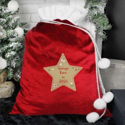 (image for) Personalised Free Text Star Luxury Pom Pom Red Sack