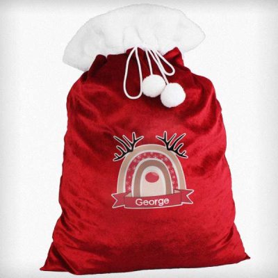 (image for) Personalised Rainbow Reindeer Luxury Pom Pom Red Sack