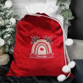 (image for) Personalised Rainbow Reindeer Luxury Pom Pom Red Sack