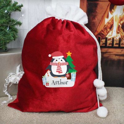 (image for) Personalised Christmas Penguin Luxury Pom Pom Red Sack