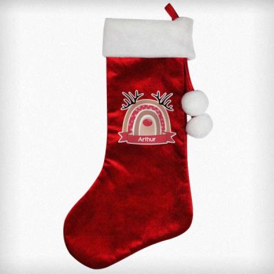 (image for) Personalised Rainbow Reindeer Luxury Red Stocking