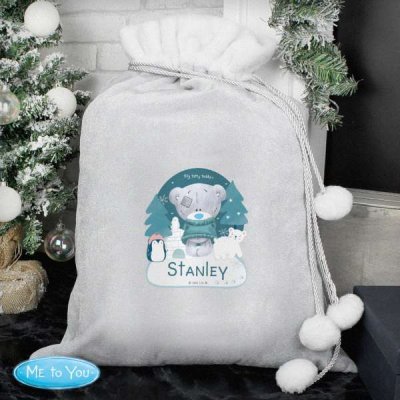 (image for) Personalised Winter Explorer Tiny Tatty Teddy Luxury Silver Grey Pom Pom Sack