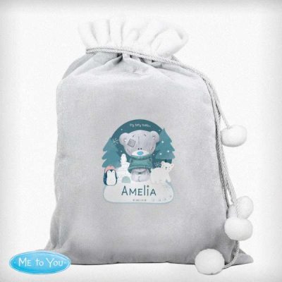 (image for) Personalised Winter Explorer Tiny Tatty Teddy Luxury Silver Grey Pom Pom Sack