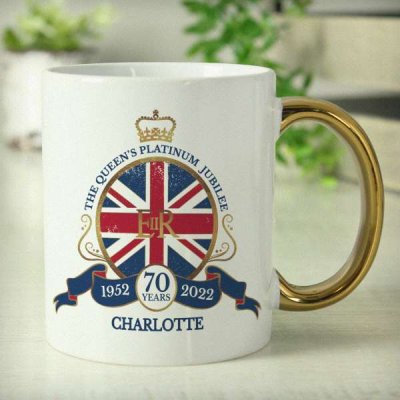 (image for) Personalised Union Jack Platinum Jubilee Gold Handled Mug