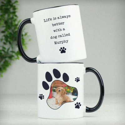 (image for) Personalised Paw Print Pet Photo Upload Black Handled Mug