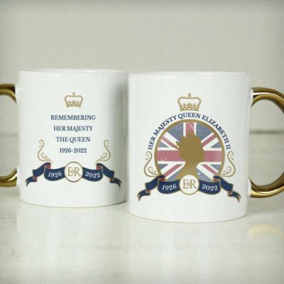 (image for) Personalised Queens Commemorative Union Jack Gold Handle Mug